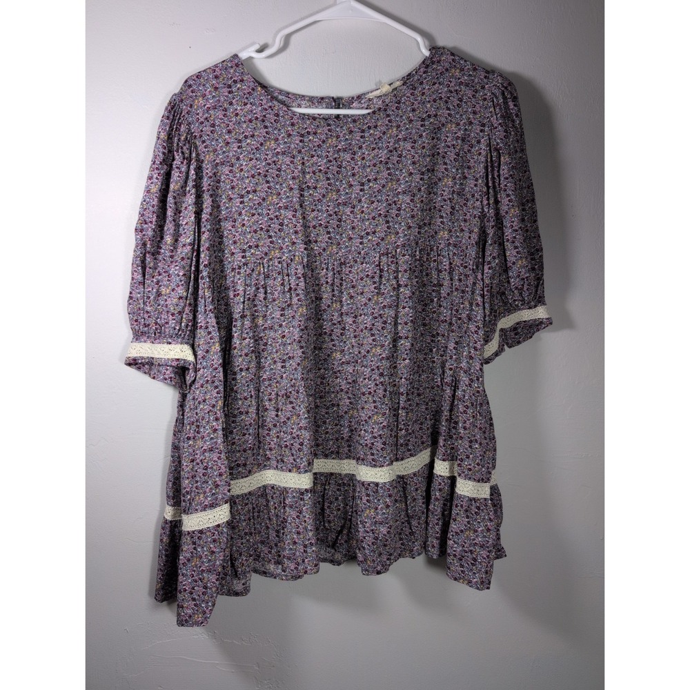easel Purple Floral Peasant Blouse with Cream Trim